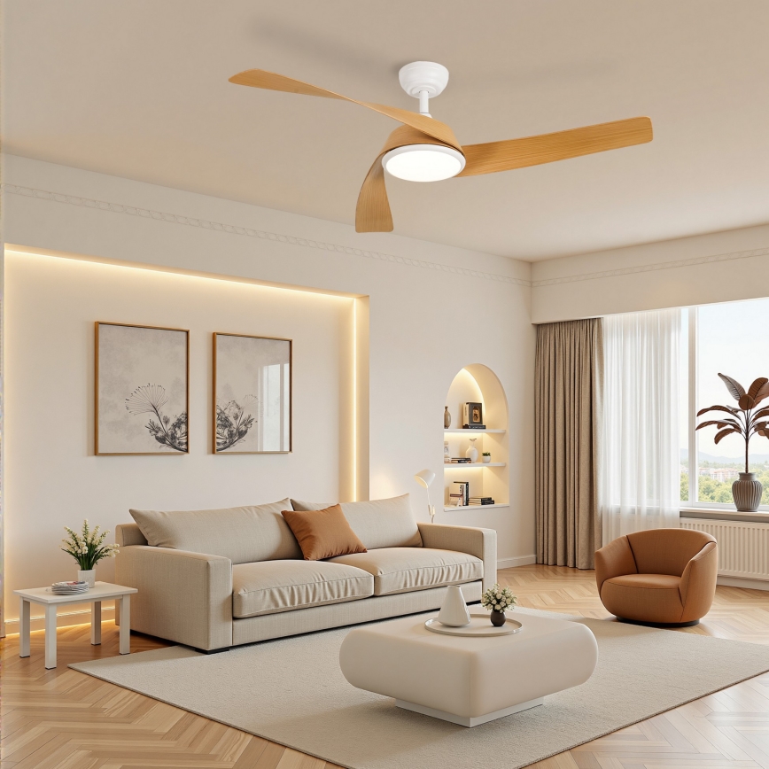 ZEVENTI - LED prigušiva plafonski ventilator AERYS LED/24W/230V 3000/4000/6000K Wi-Fi Tuya bela/hrast + daljinski upravljač