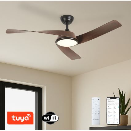 ZEVENTI - LED prigušiva stropni ventilator AERYS LED/24W/230V 3000/4000/6000K Wi-Fi Tuya crna/orah + daljinski upravljač