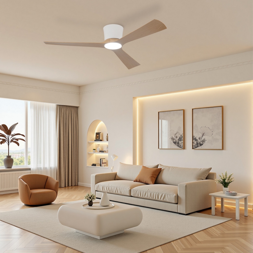 ZEVENTI - LED prigušiva stropni ventilator AUREX LED/24W/230V 3000/4000/6000K Wi-Fi Tuya bela/hrast + daljinski upravljač