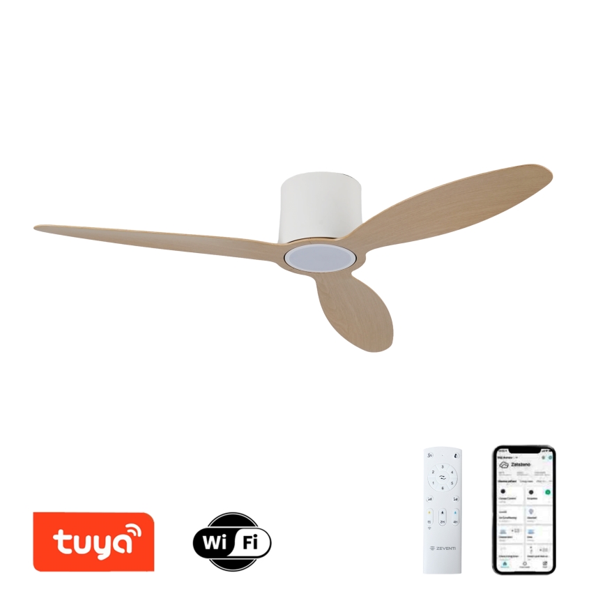 ZEVENTI - LED prigušiva plafonski ventilator VENTORA LED/24W/230V 3000/4000/6000K Wi-Fi Tuya bela/hrast + daljinski upravljač