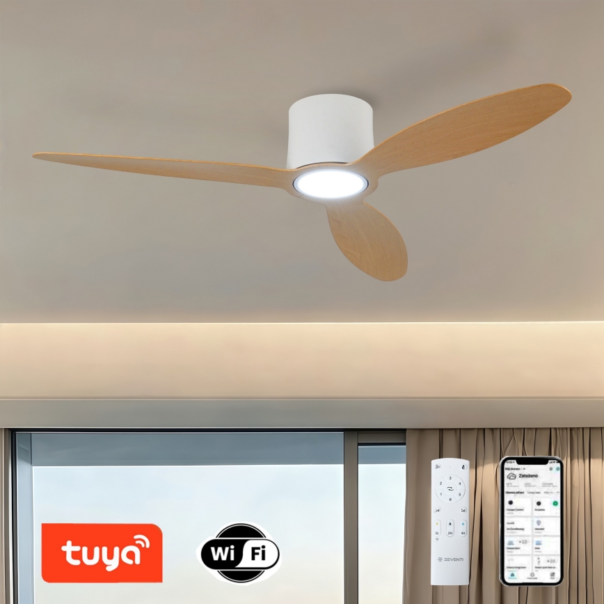ZEVENTI - LED prigušiva plafonski ventilator VENTORA LED/24W/230V 3000/4000/6000K Wi-Fi Tuya bela/hrast + daljinski upravljač