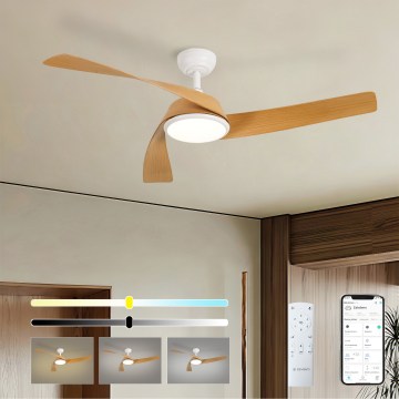 ZEVENTI - LED prigušiva plafonski ventilator AERYS LED/24W/230V 3000/4000/6000K Wi‑Fi Tuya bela/hrast + daljinski upravljač