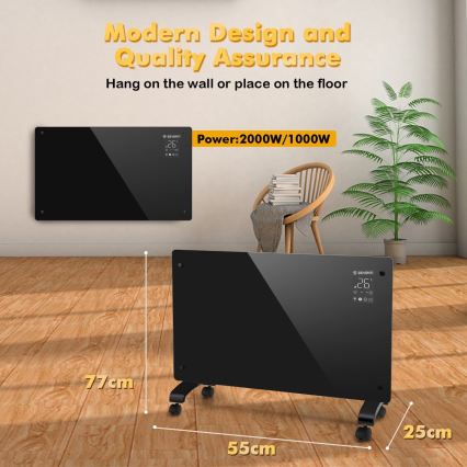 ZEVENTI - Pametni zidni električni grejač/konvektor sa LCD displejem 1000/2000W/230V Wi-Fi crna