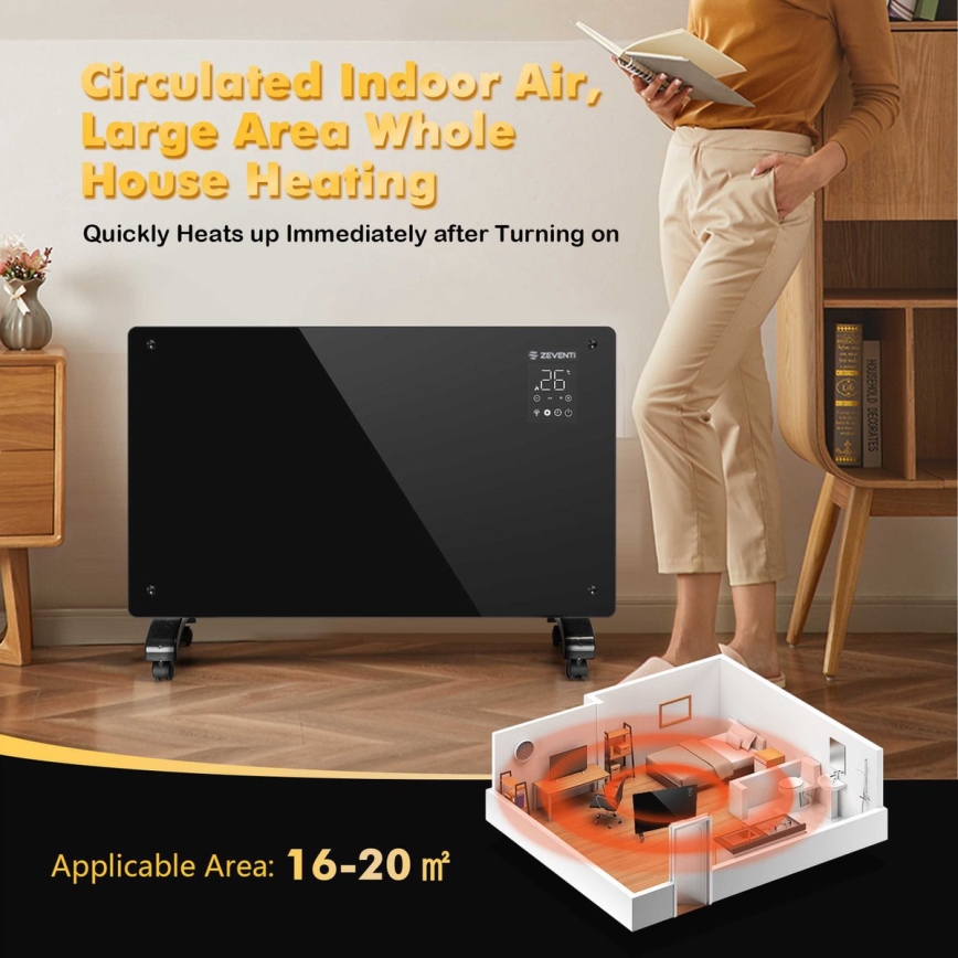 ZEVENTI - Pametni zidni električni grejač/konvektor sa LCD displejem 1000/2000W/230V Wi-Fi crna