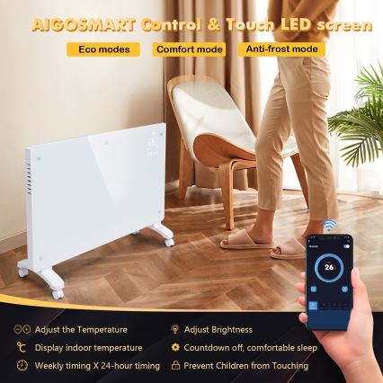 ZEVENTI - Pametan zidni električni direktni grejač/konvektor sa LCD displejem 1000/2000W/230V Wi-Fi bela