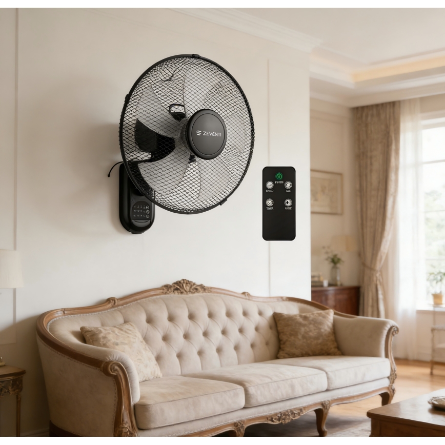 ZEVENTI - Zidni ventilator FANNY 45W/230V, prečnik 41 cm, crne boje, sa daljinskim upravljačem