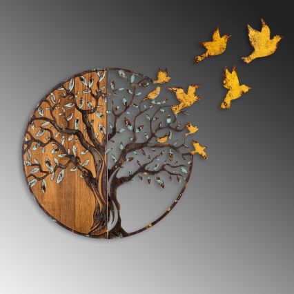 Zidna dekoracija 92x71 cm — motiv drveta i ptica, drvo/metal