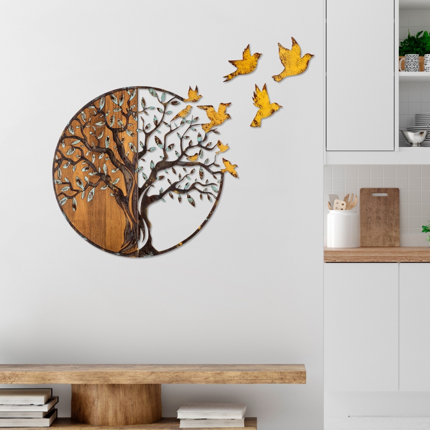 Zidna dekoracija 92x71 cm — motiv drveta i ptica, drvo/metal