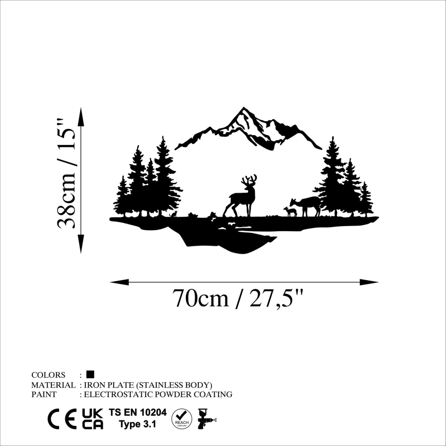 Zidna dekoracija, set od 2 kom, 70x38 cm, jelen, metal/crna
