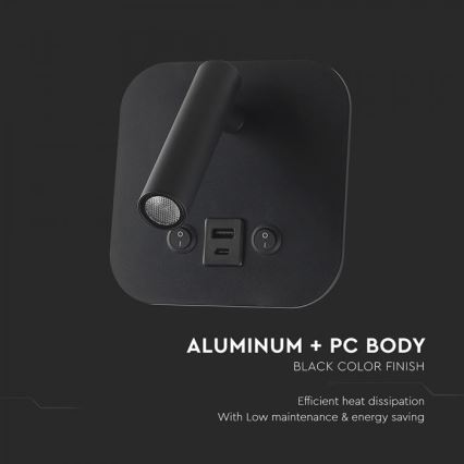 Zidna LED spot svetiljka sa USB portom LED/8W/230V 3000K crna
