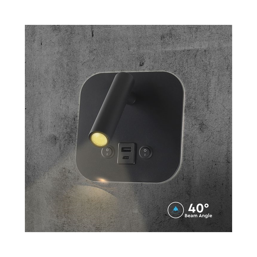 Zidna LED spot svetiljka sa USB portom LED/8W/230V 3000K crna