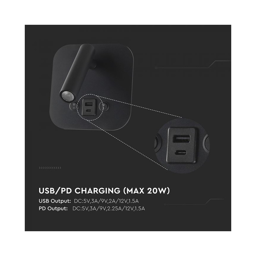 Zidna LED spot svetiljka sa USB portom LED/8W/230V 3000K crna
