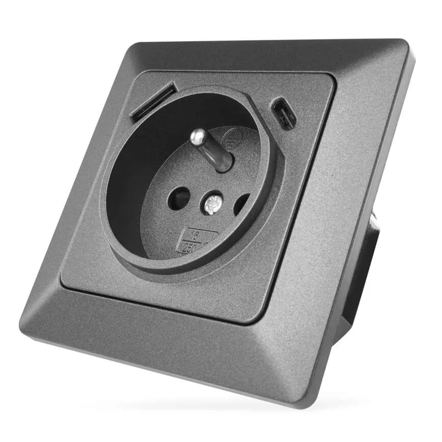 Zidna utičnica sa USB-A i USB-C (francuski standard), 250V/16A, antracitna