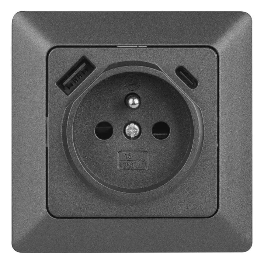Zidna utičnica sa USB-A i USB-C (francuski standard), 250V/16A, antracitna