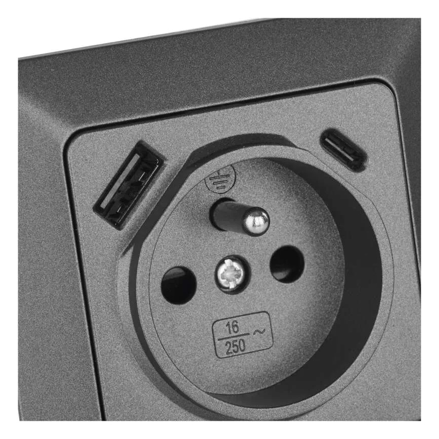 Zidna utičnica sa USB-A i USB-C (francuski standard), 250V/16A, antracitna