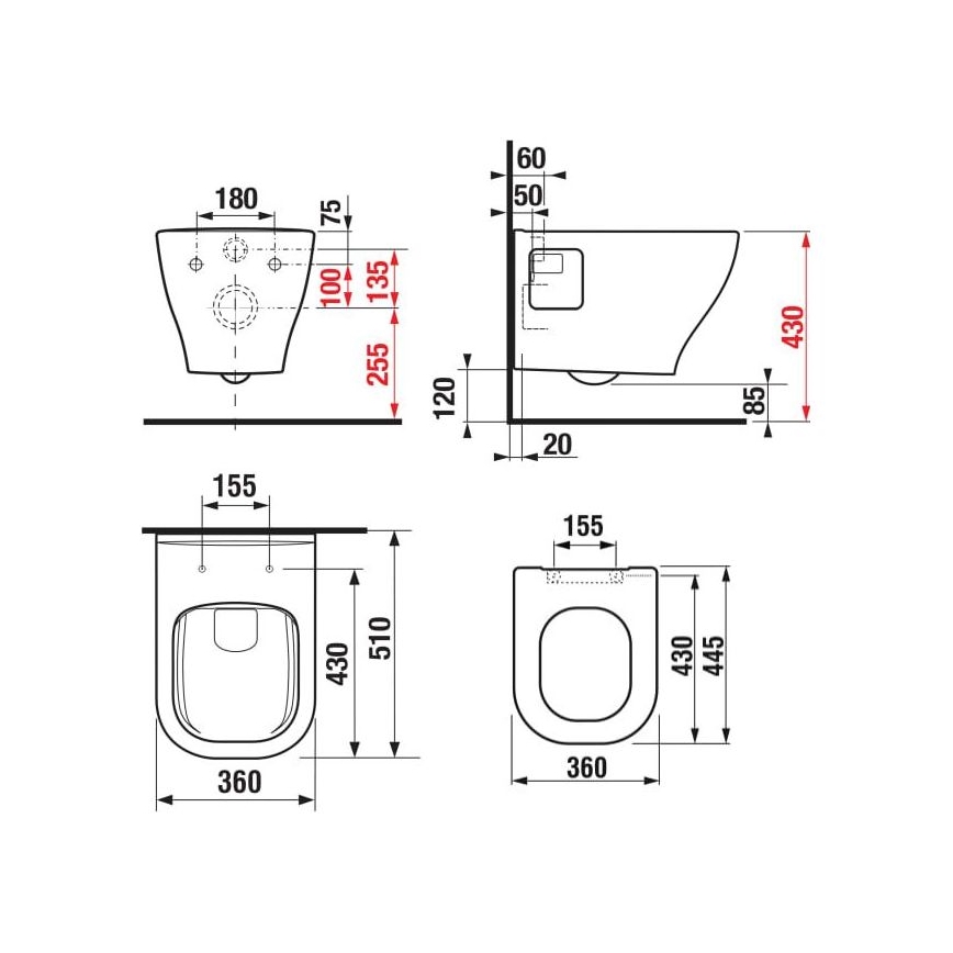 Zidna WC školjka DEEP + WC daska DEEP prigušiva + taster DUAL za ispiranje + podžbukni modul + izolaciona podloga